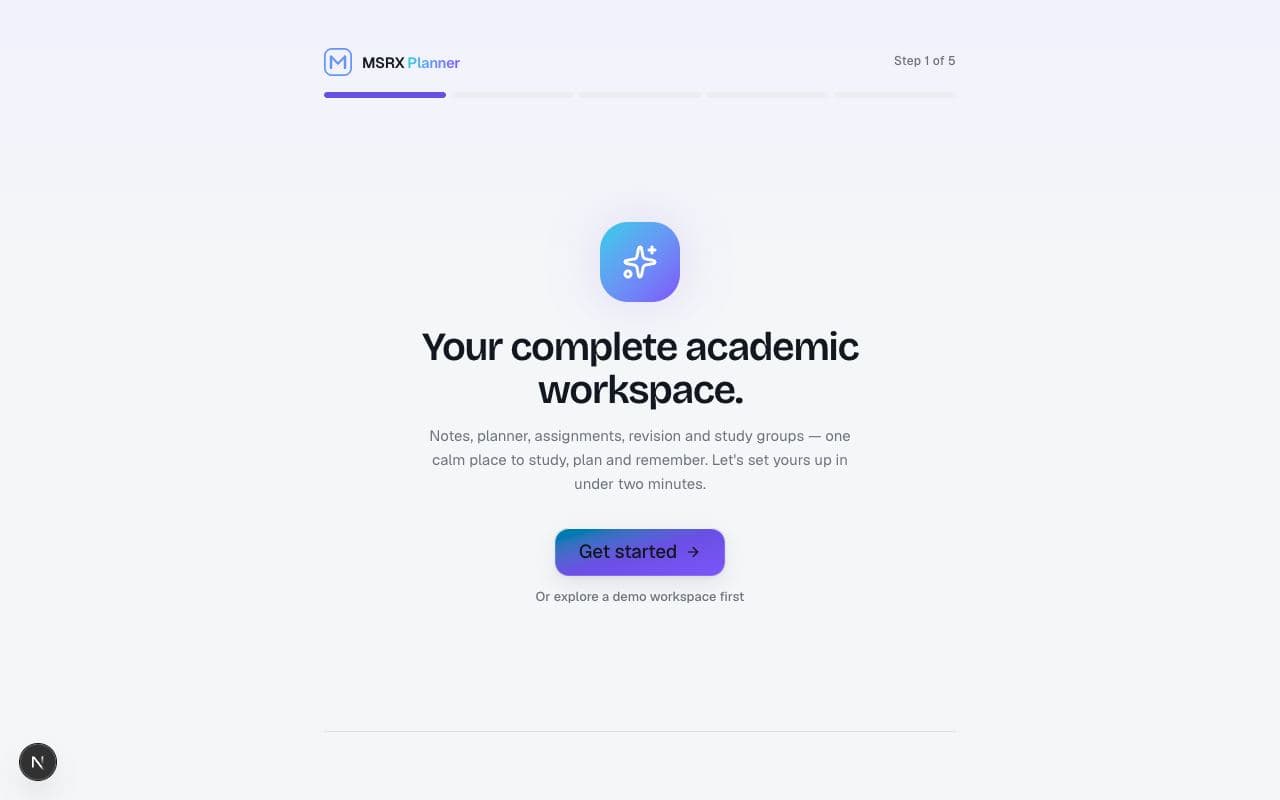 The welcome screen: start setup, or explore a demo workspace first