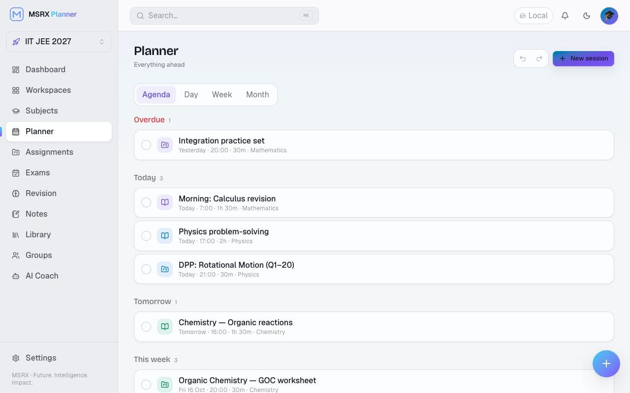 Planner agenda view with overdue, today and tomorrow sections