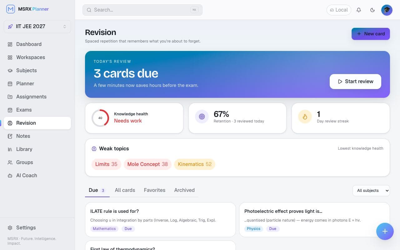 Revision page showing three cards due and a Start review button