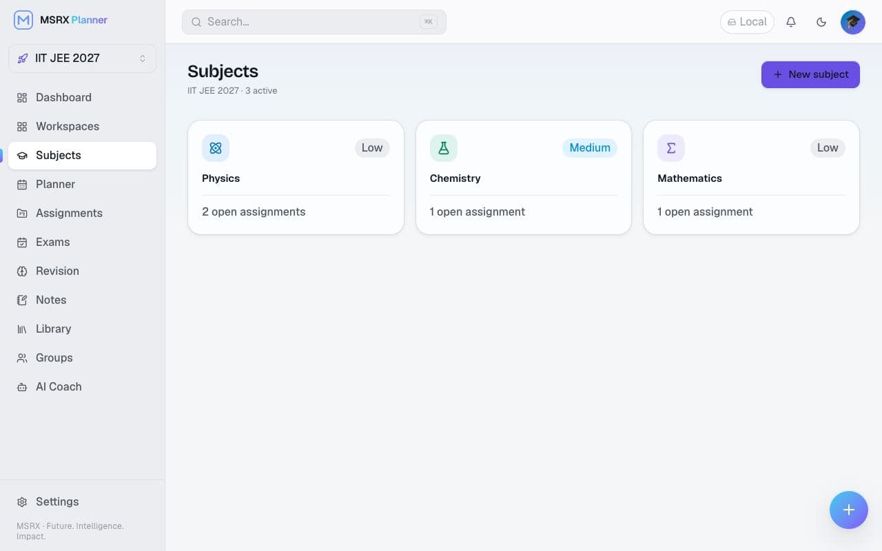Subjects page with Physics, Chemistry and Mathematics and open assignment counts