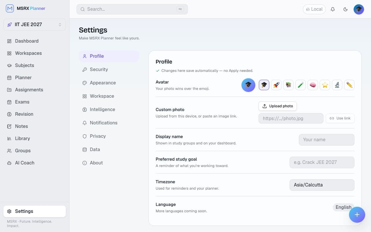 Settings with profile, security, appearance, workspace, intelligence, notifications, privacy, data and about