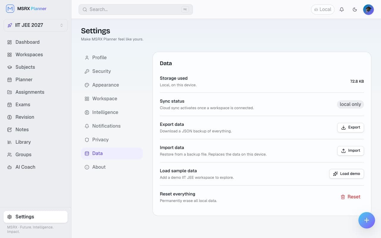 Settings, Data panel with export, import, load demo and reset