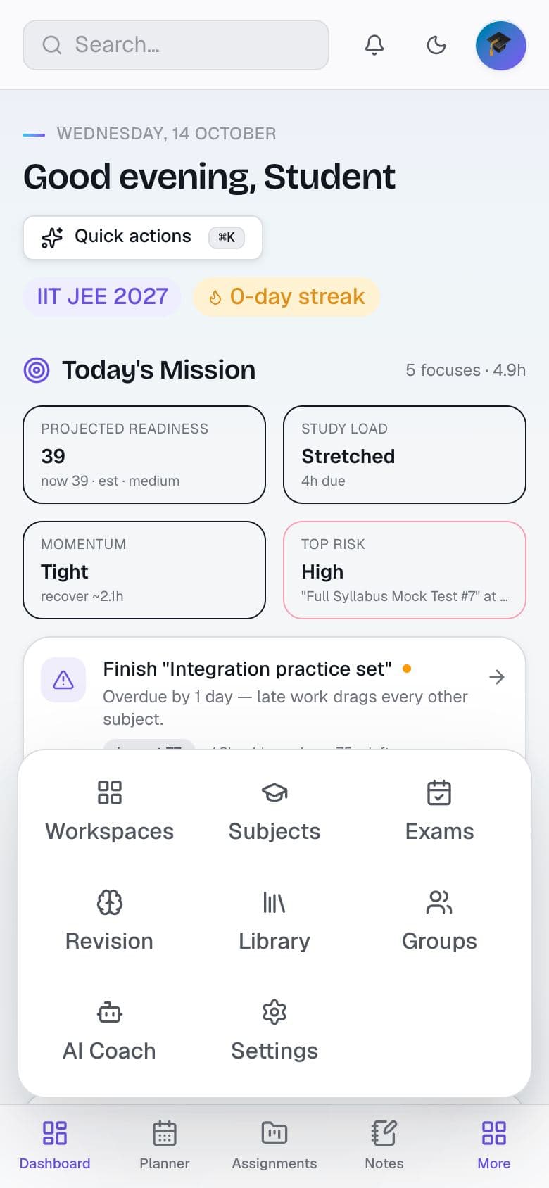 The More menu on a phone, listing all the other screens